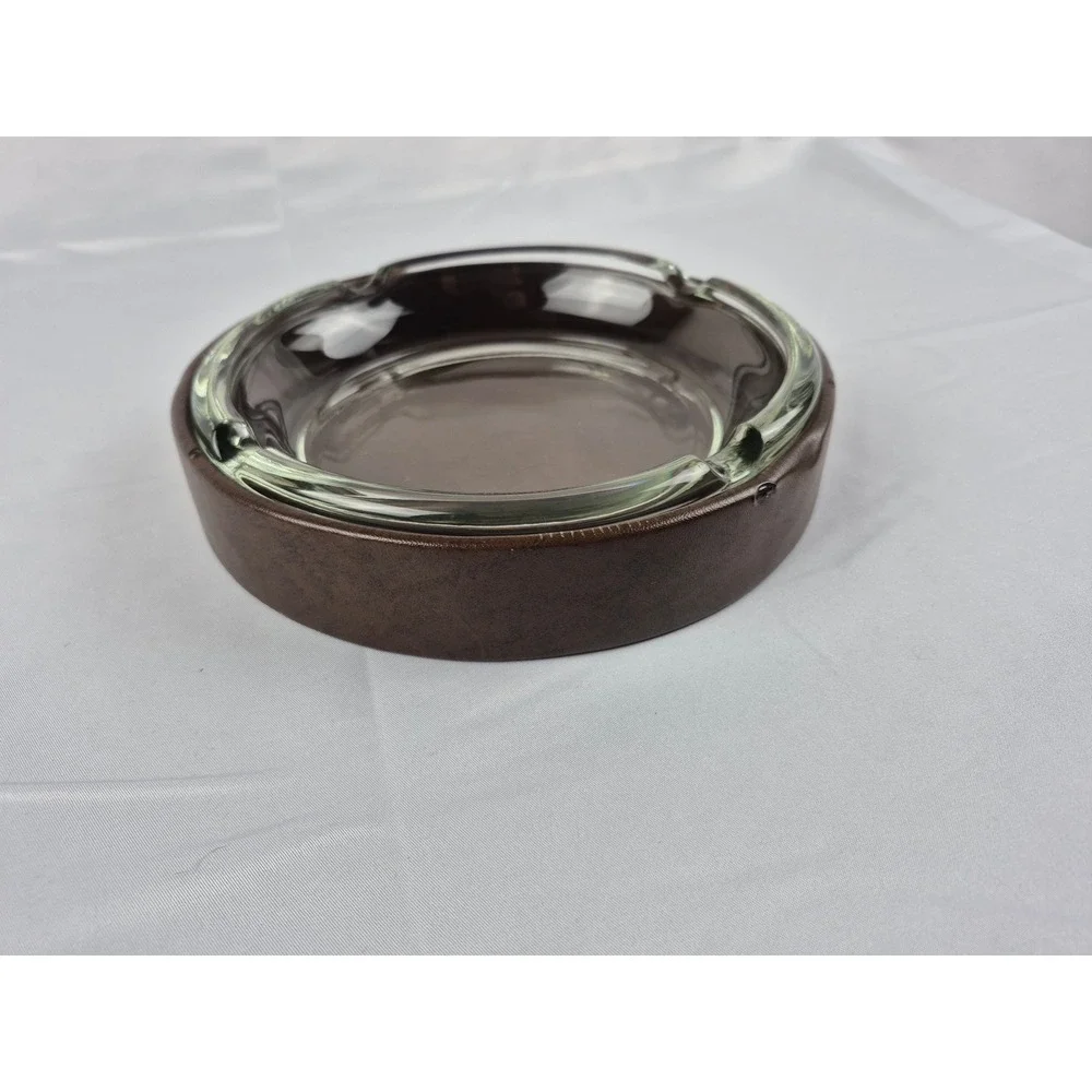 Vintage MCM Glass Ashtray Faux Leather Holder Heavy‎ Brown Bar Decor 8.25 - Picture 7 of 7